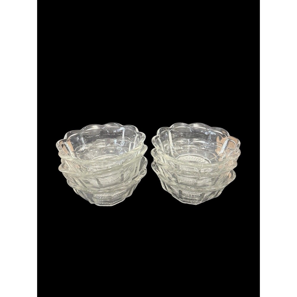 6 Vtg Clear Pressed Glass Scalloped Footed Berry Bowls Starburst Base 4.5”